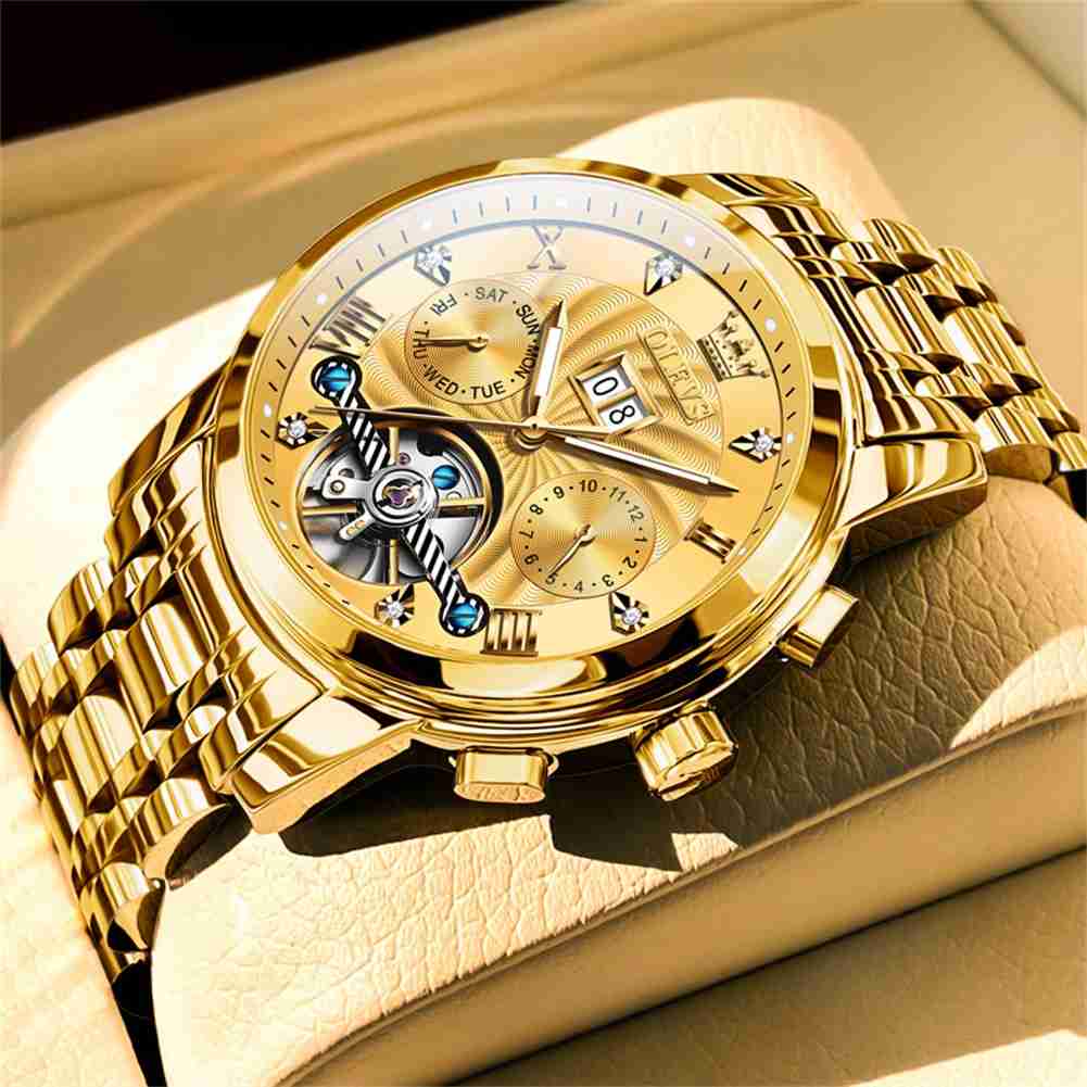 OLEVS 9910 Automatic Watches For Men Gold Luxury Dress Wrist Watch Self Winding Mechanical Skeleton Tourbillon Watch