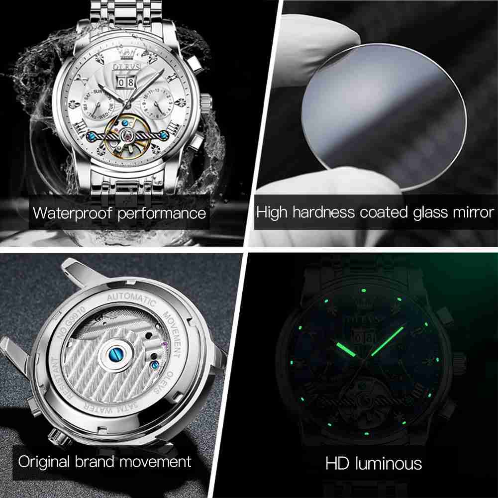 OLEVS 9910 Automatic Watches For Men Gold Luxury Dress Wrist Watch Self Winding Mechanical Skeleton Tourbillon Watch