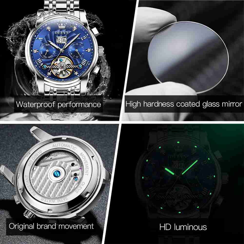 OLEVS 9910 Automatic Watches For Men Gold Luxury Dress Wrist Watch Self Winding Mechanical Skeleton Tourbillon Watch