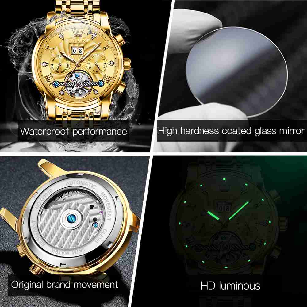 OLEVS 9910 Automatic Watches For Men Gold Luxury Dress Wrist Watch Self Winding Mechanical Skeleton Tourbillon Watch