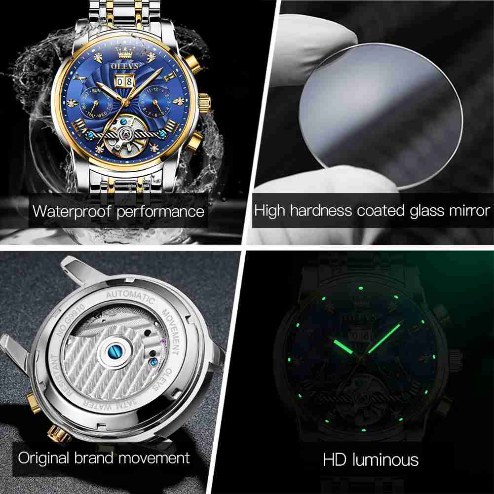 OLEVS 9910 Automatic Watches For Men Gold Luxury Dress Wrist Watch Self Winding Mechanical Skeleton Tourbillon Watch