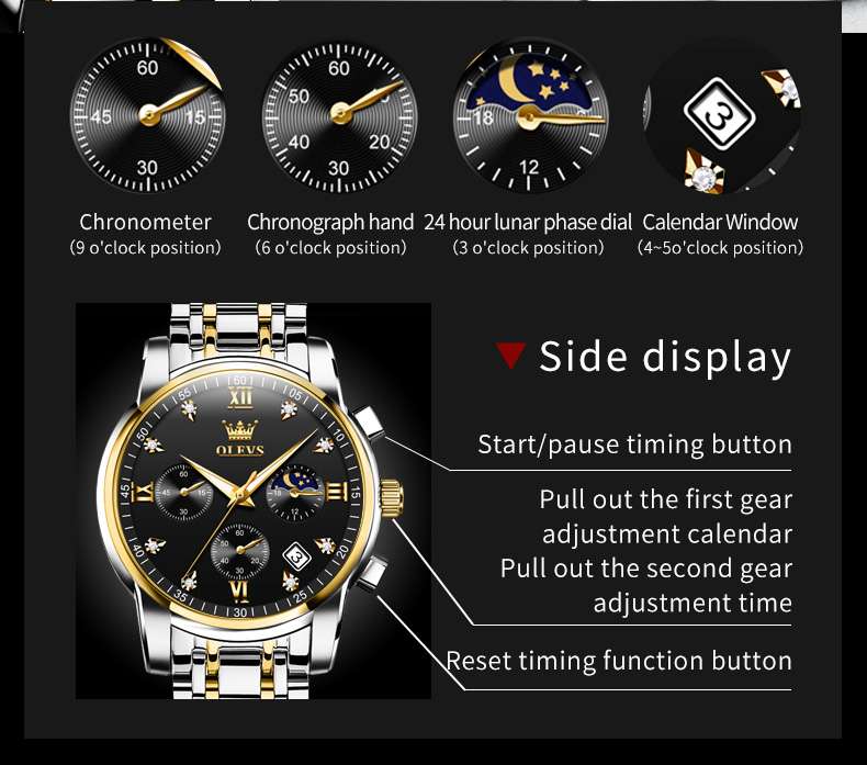 OLEVS 2858 Men's Watch, Business Chronograph Formal Stainless Steel Watch, Pointer Quartz Waterproof Luminous Men's Watch