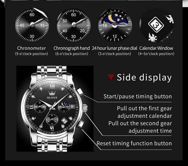 OLEVS 2858 Men's Watch, Business Chronograph Formal Stainless Steel Watch, Pointer Quartz Waterproof Luminous Men's Watch