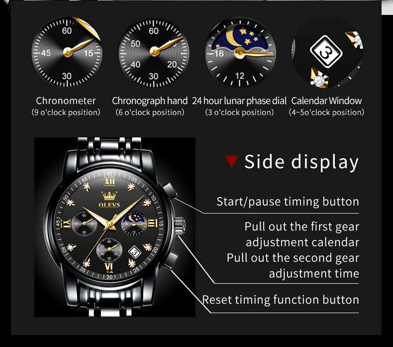 OLEVS 2858 Men's Watch, Business Chronograph Formal Stainless Steel Watch, Pointer Quartz Waterproof Luminous Men's Watch