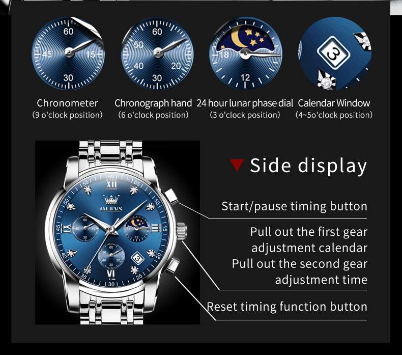 OLEVS 2858 Men's Watch, Business Chronograph Formal Stainless Steel Watch, Pointer Quartz Waterproof Luminous Men's Watch