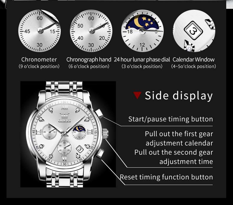 OLEVS 2858 Men's Watch, Business Chronograph Formal Stainless Steel Watch, Pointer Quartz Waterproof Luminous Men's Watch