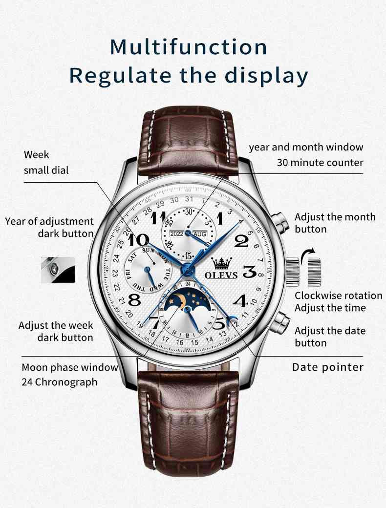 OLEVS 6667 Men's Mechanical Watch With Leather Strap, 3 Sub-Dials, 3ATM Water Resistance, Luminous Hands, Perfect Gift