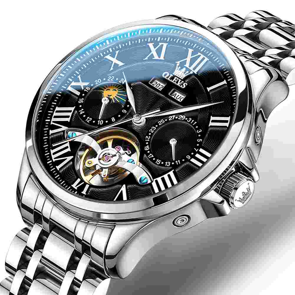 OLEVS 7013 Men's Mechanical Watch With Skeleton Design, Roman Numerals