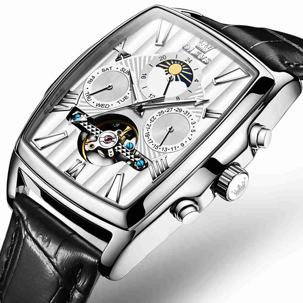 OLEVS 6675 Mechanical Dress Mens Watches Square Brown Skeleton Tourbillion Waterproof Luminous Men's Wrist Watches