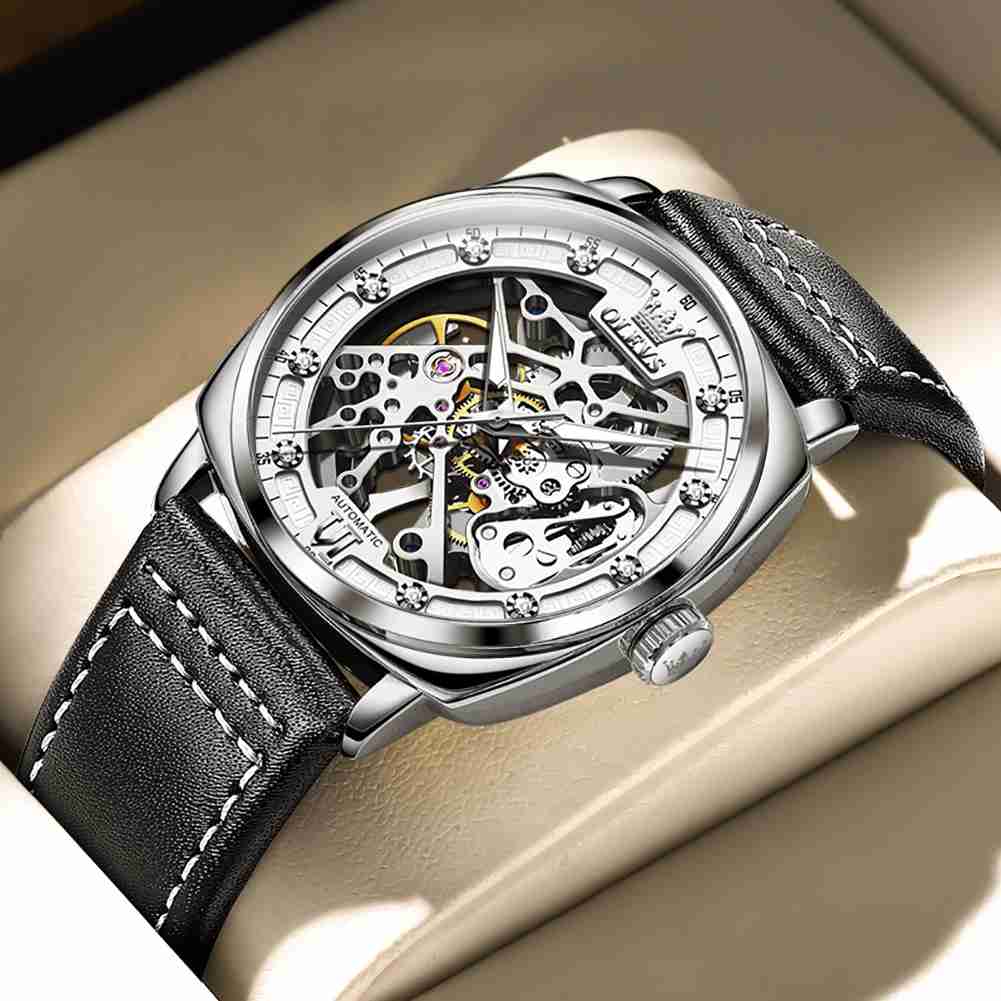 OLEVS 6651 Automatic Skeleton Men's Watches - Self-Winding Mechanics, Luxury Leather Strap, Steampunk Style, Luminous, Waterproof Wristwatches