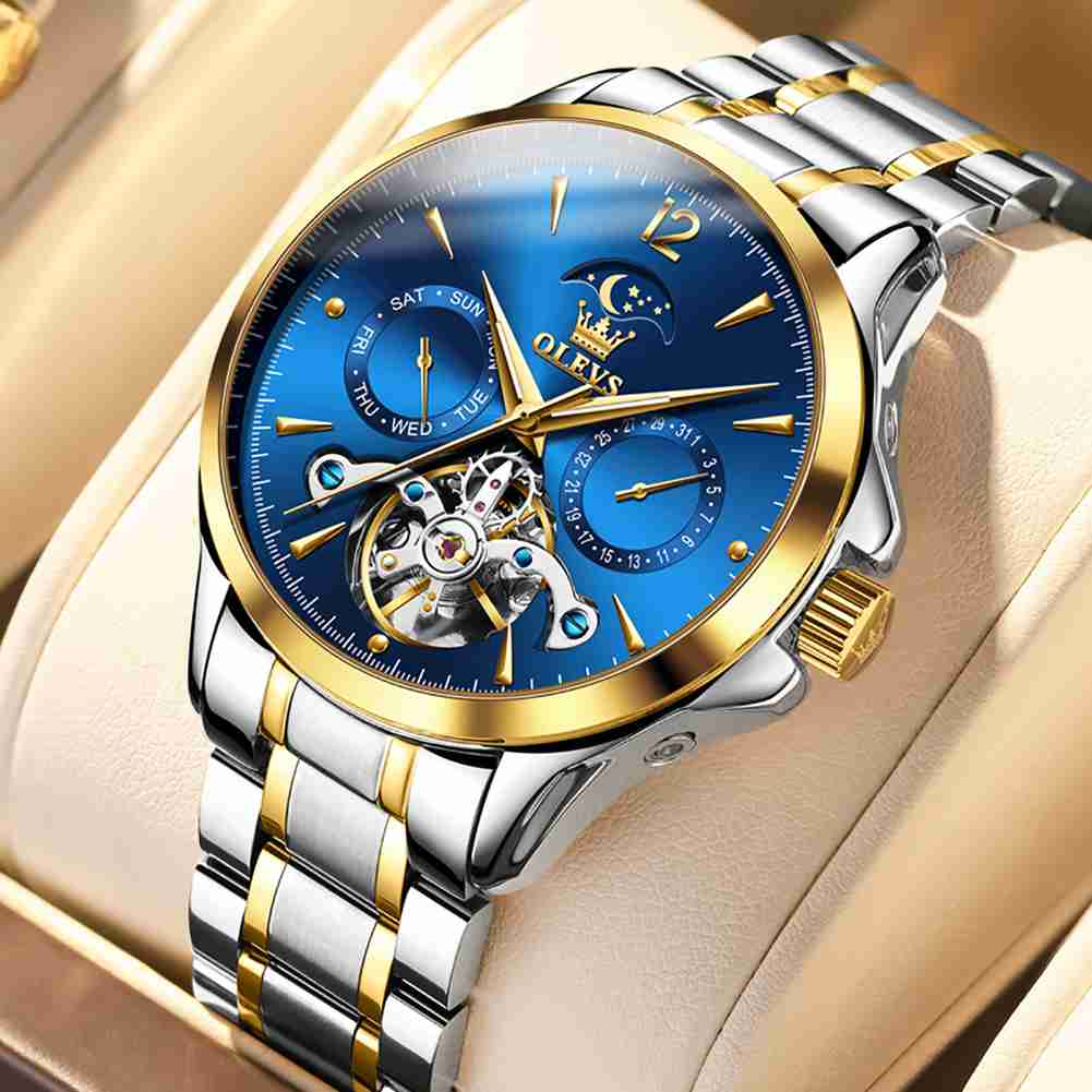 OLEVS 6663 Men's Mechanical Stainless Steel Watch With 3ATM Water Resistance, Moon Phase, Calendar, Weekday, Hollow Design Display