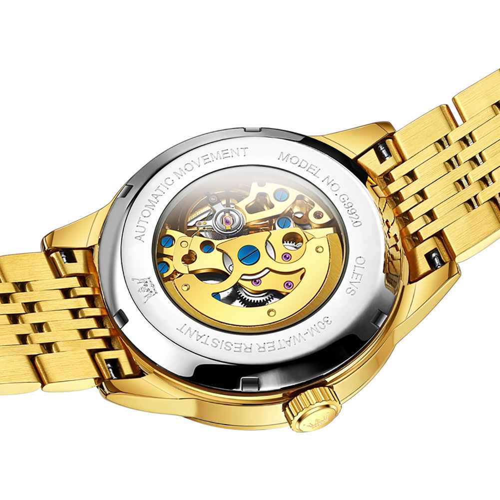 OLEVS 9920 Uhren für Männer Automatische Skelettuhr Mechanische Gold Armbanduhren Business Luxus Diamant Edelstahl Wasserdicht Leuchtend