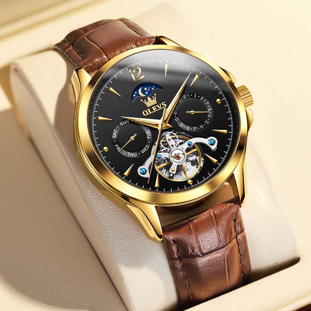 OLEVS 6663 Men's Mechanical Leather Strap Watch With 3ATM Water Resistance, Moon Phase, Calendar, Weekday, Hollow Design Display