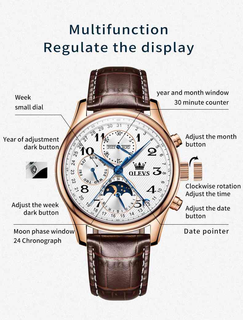 OLEVS 6667 Men's Mechanical Watch With Leather Strap, 3 Sub-Dials, 3ATM Water Resistance, Luminous Hands, Perfect Gift