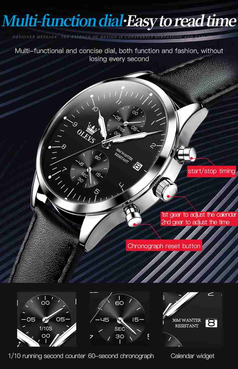 OLEVS 2880 Men's Leather Watch Tourbillon Luxury Dress Watch Chronograph Stopwatch Calendar Waterproof Luminous