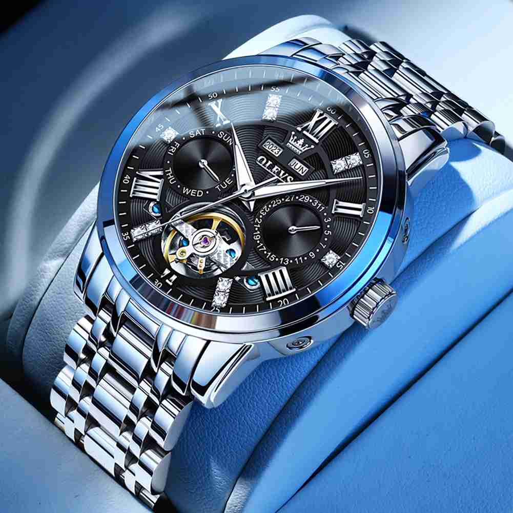 OLEVS 6701 Men's Business Mechanical Watch With Hollow Design, Annual Calendar, Luminous Hands, Waterproof 3ATM, Roman Numerals, And Diamond Accents