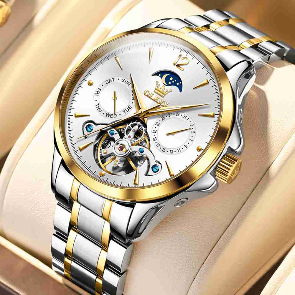 OLEVS 6663 Men's Mechanical Stainless Steel Watch With 3ATM Water Resistance, Moon Phase, Calendar, Weekday, Hollow Design Display