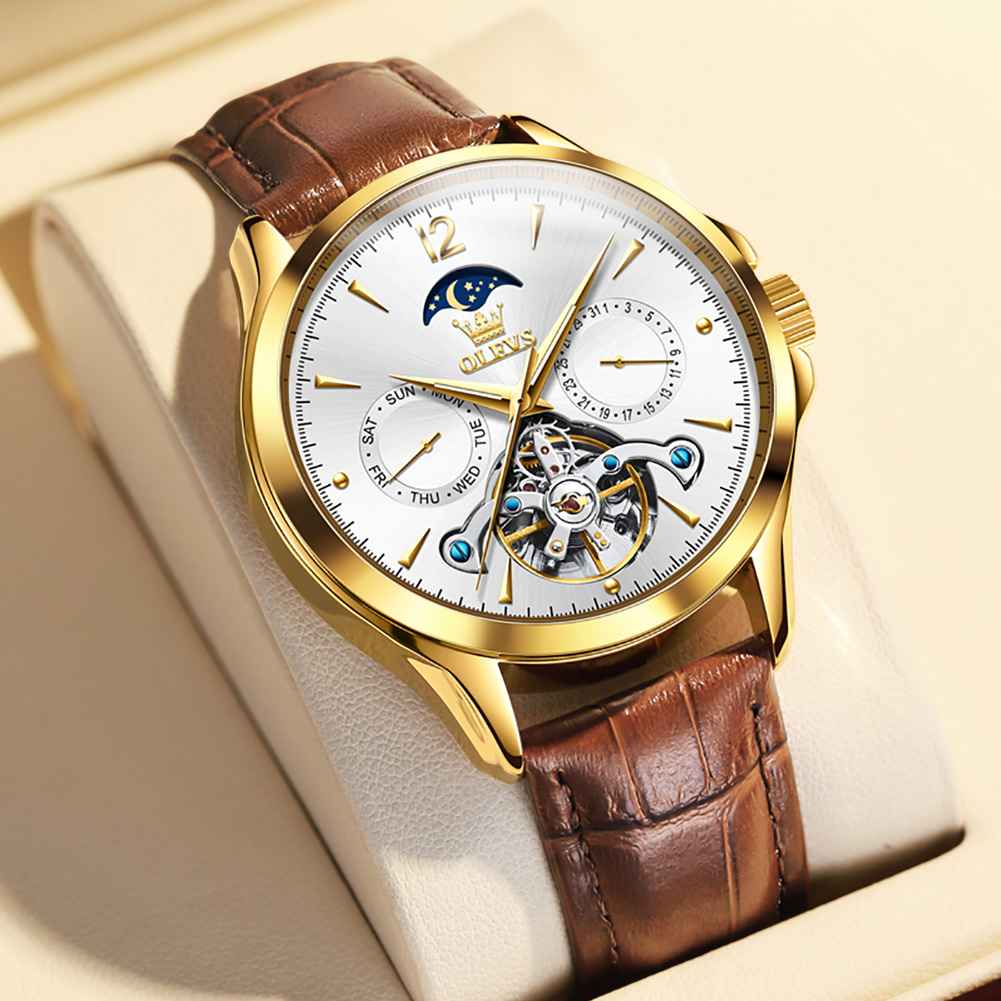 OLEVS 6663 Men's Mechanical Leather Strap Watch With 3ATM Water Resistance, Moon Phase, Calendar, Weekday, Hollow Design Display