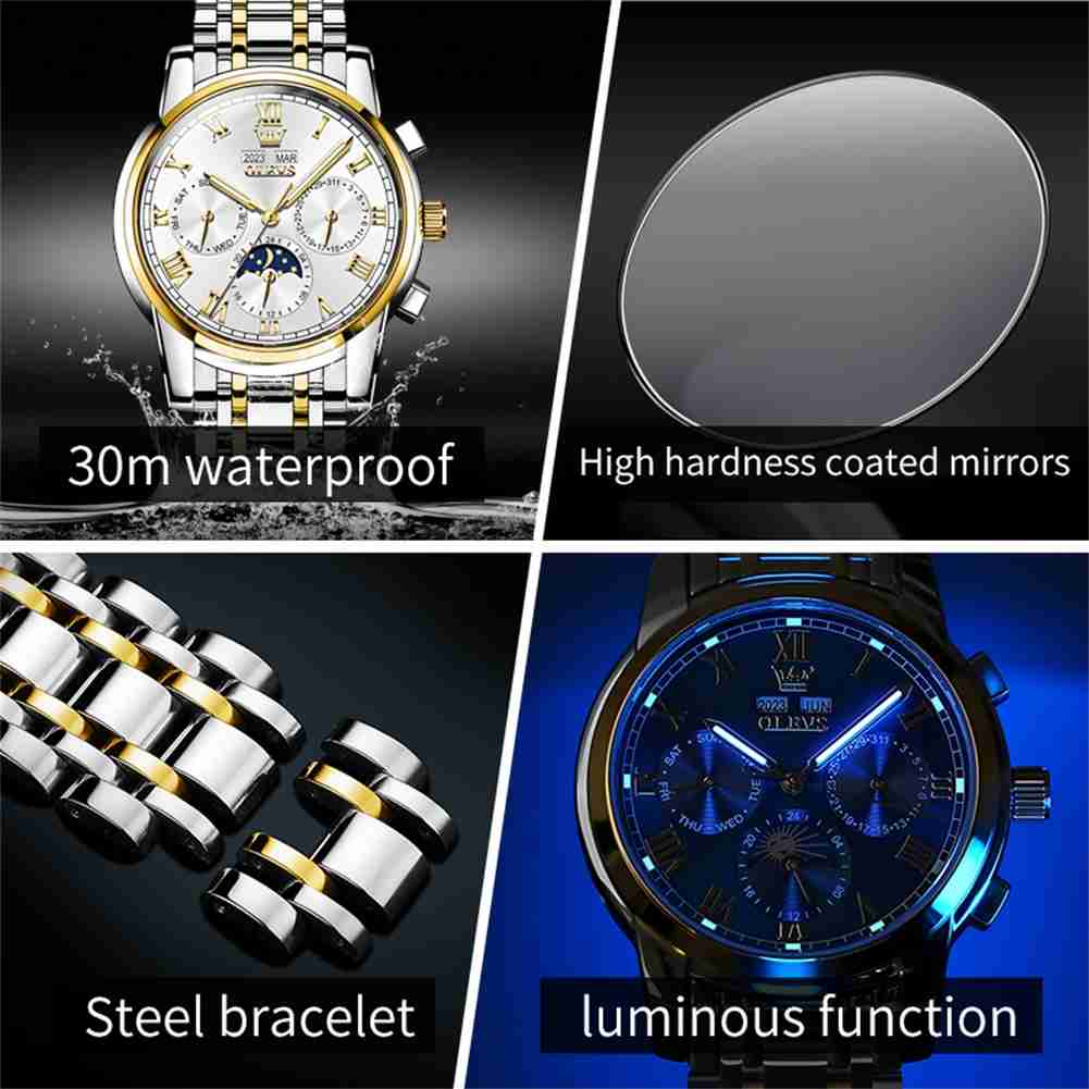 OLEVS 6692 Men's Watch, Business Chronograph Formal Stainless Steel Watch, Pointer Quartz Waterproof Luminous Men's Watch