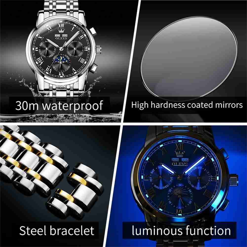 OLEVS 6692 Men's Watch, Business Chronograph Formal Stainless Steel Watch, Pointer Quartz Waterproof Luminous Men's Watch