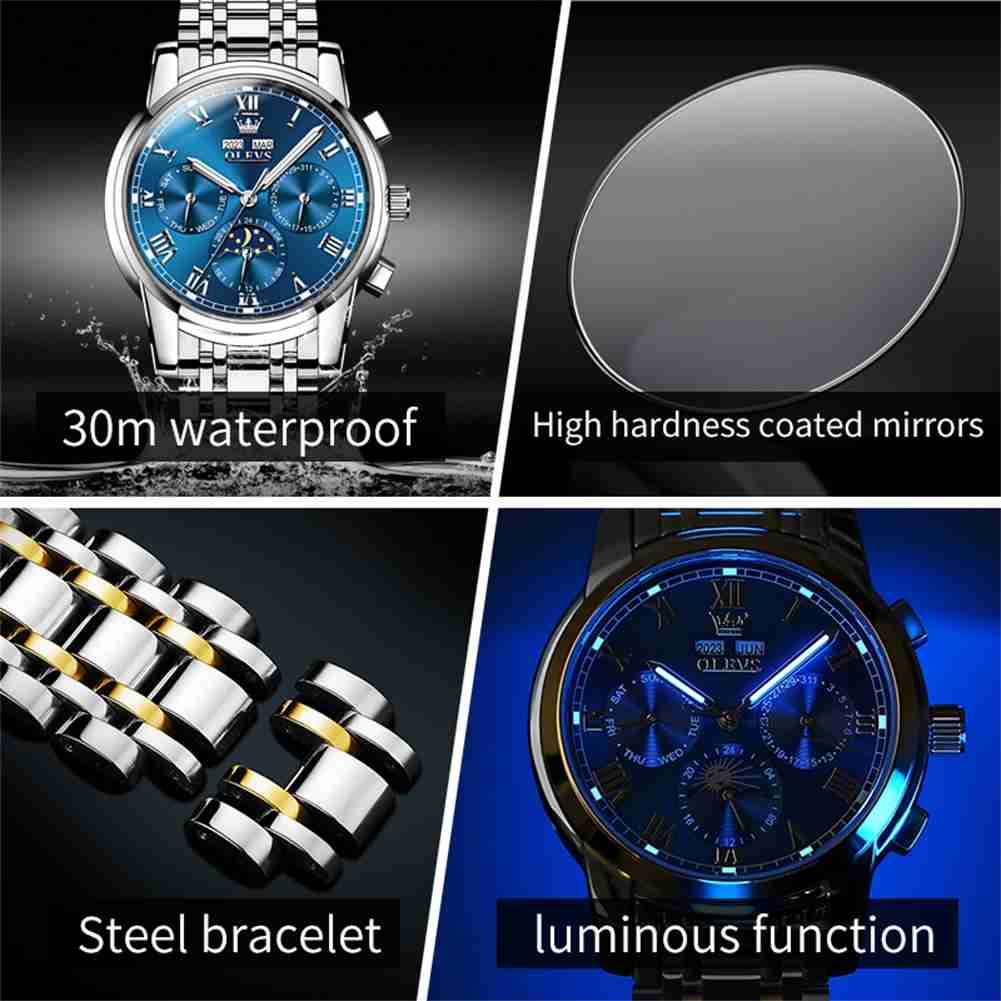 OLEVS 6692 Men's Watch, Business Chronograph Formal Stainless Steel Watch, Pointer Quartz Waterproof Luminous Men's Watch