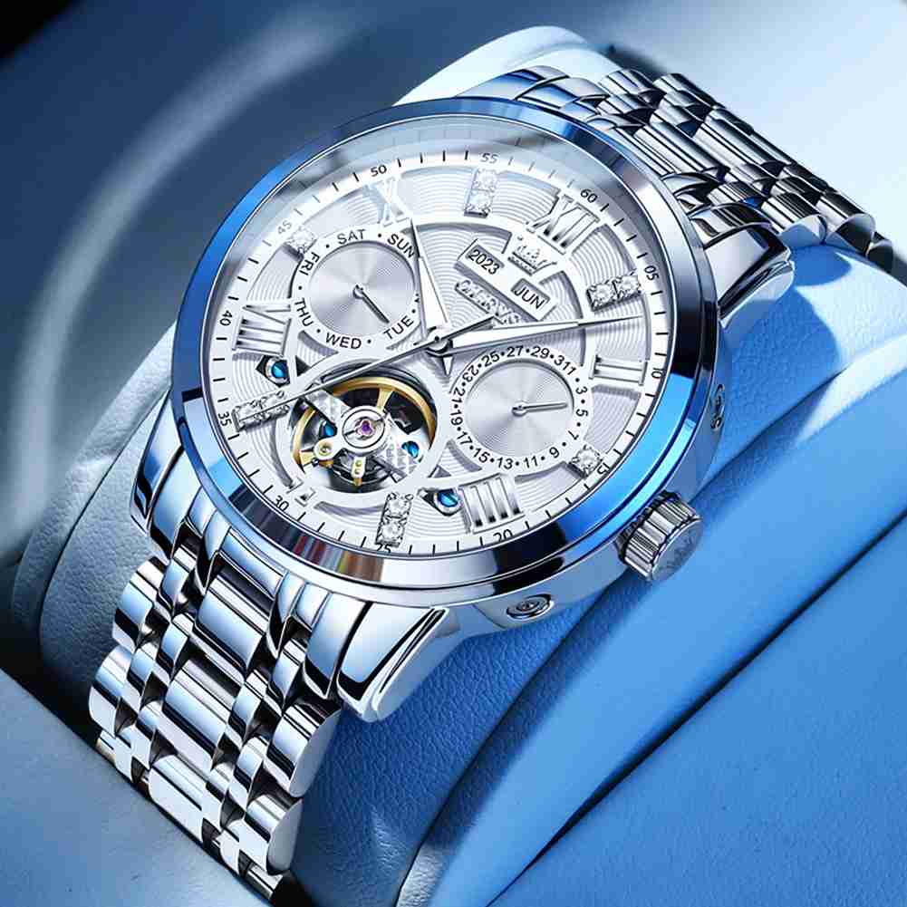 OLEVS 6701 Men's Business Mechanical Watch With Hollow Design, Annual Calendar, Luminous Hands, Waterproof 3ATM, Roman Numerals, And Diamond Accents