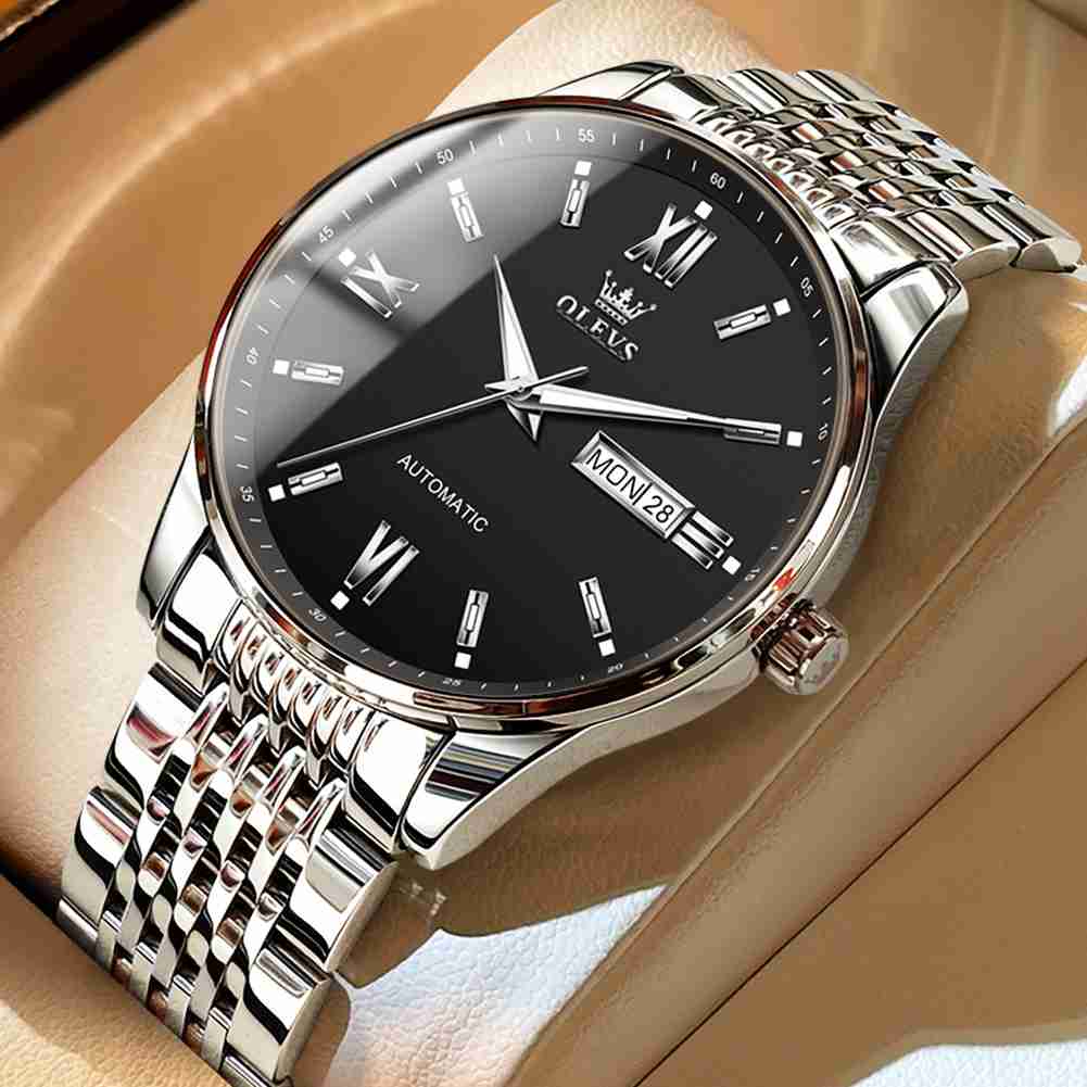 OLEVS 6777 Watch Of Men Mechanical Stainless Steel With 3ATM Water Resistance，Roman Numeral Month And Date Display