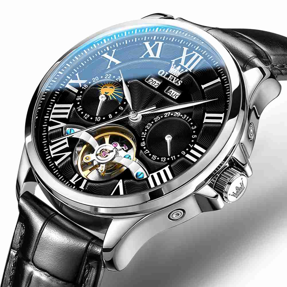 OLEVS 7013 Men's Mechanical Watch With Skeleton Design, Roman Numerals