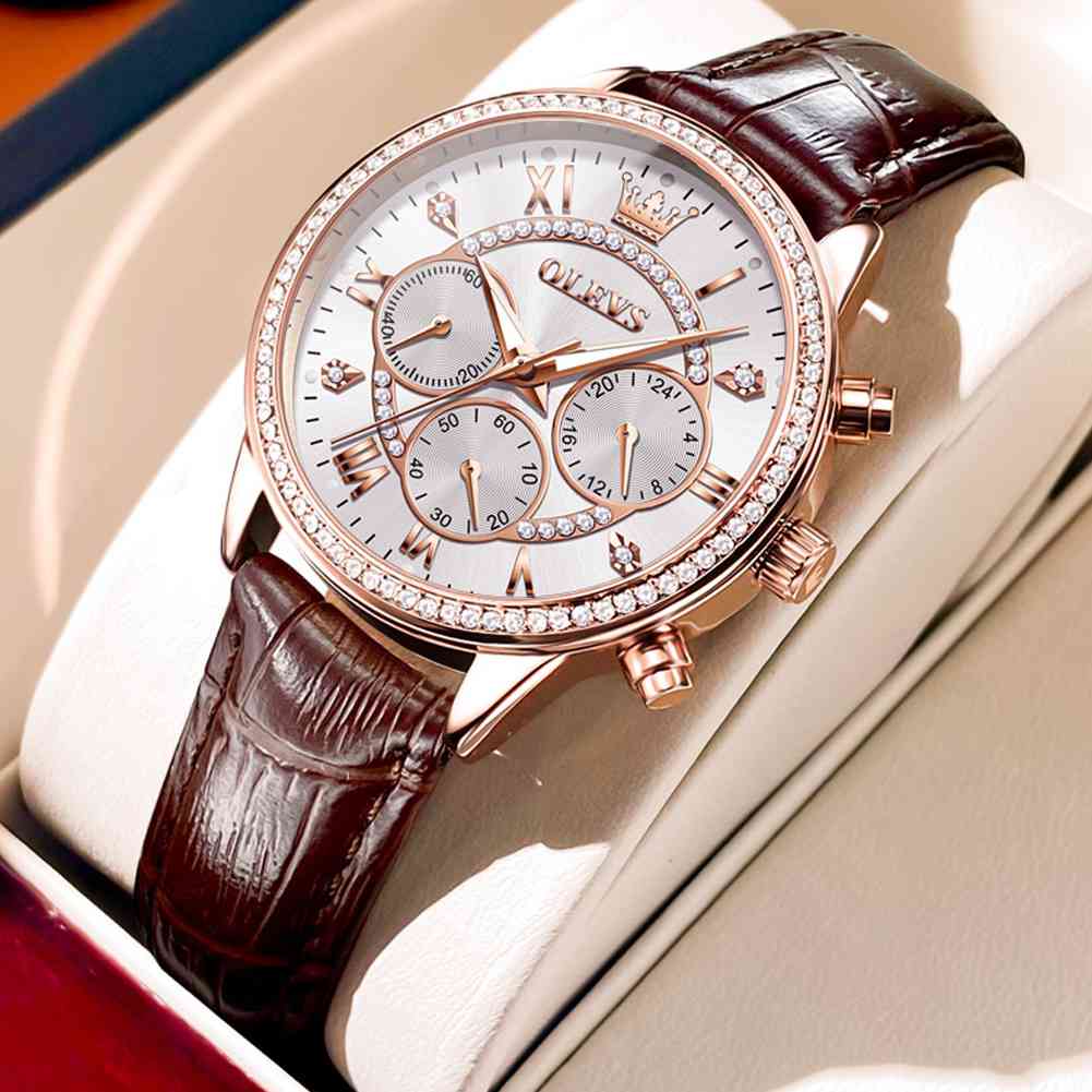 OLEVS 2915 Women's Quartz Watch With Diamond-Accented Leather Strap, Roman Numerals, 3 Sub-Dials For Timing, 3ATM Water Resistance, And Luminous Hands