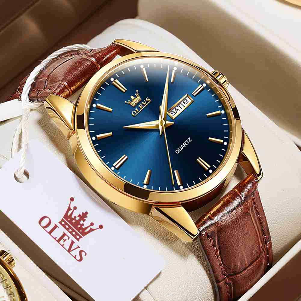 #Color_Brown Strap-Blue Dial Gold Trim