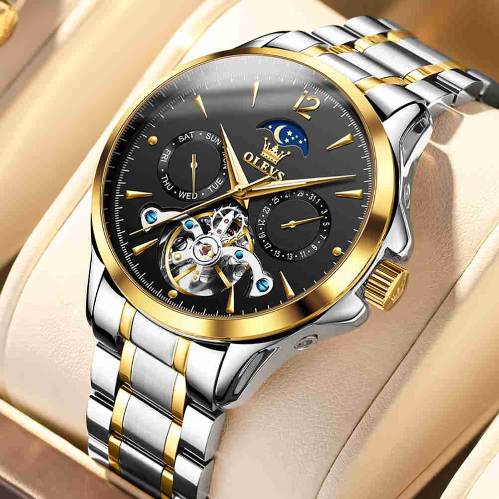 OLEVS 6663 Men's Mechanical Stainless Steel Watch With 3ATM Water Resistance, Moon Phase, Calendar, Weekday, Hollow Design Display