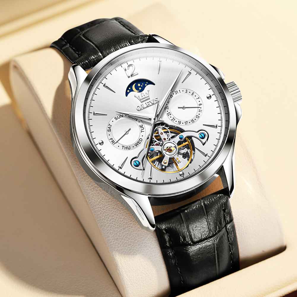 OLEVS 6663 Men's Mechanical Leather Strap Watch With 3ATM Water Resistance, Moon Phase, Calendar, Weekday, Hollow Design Display