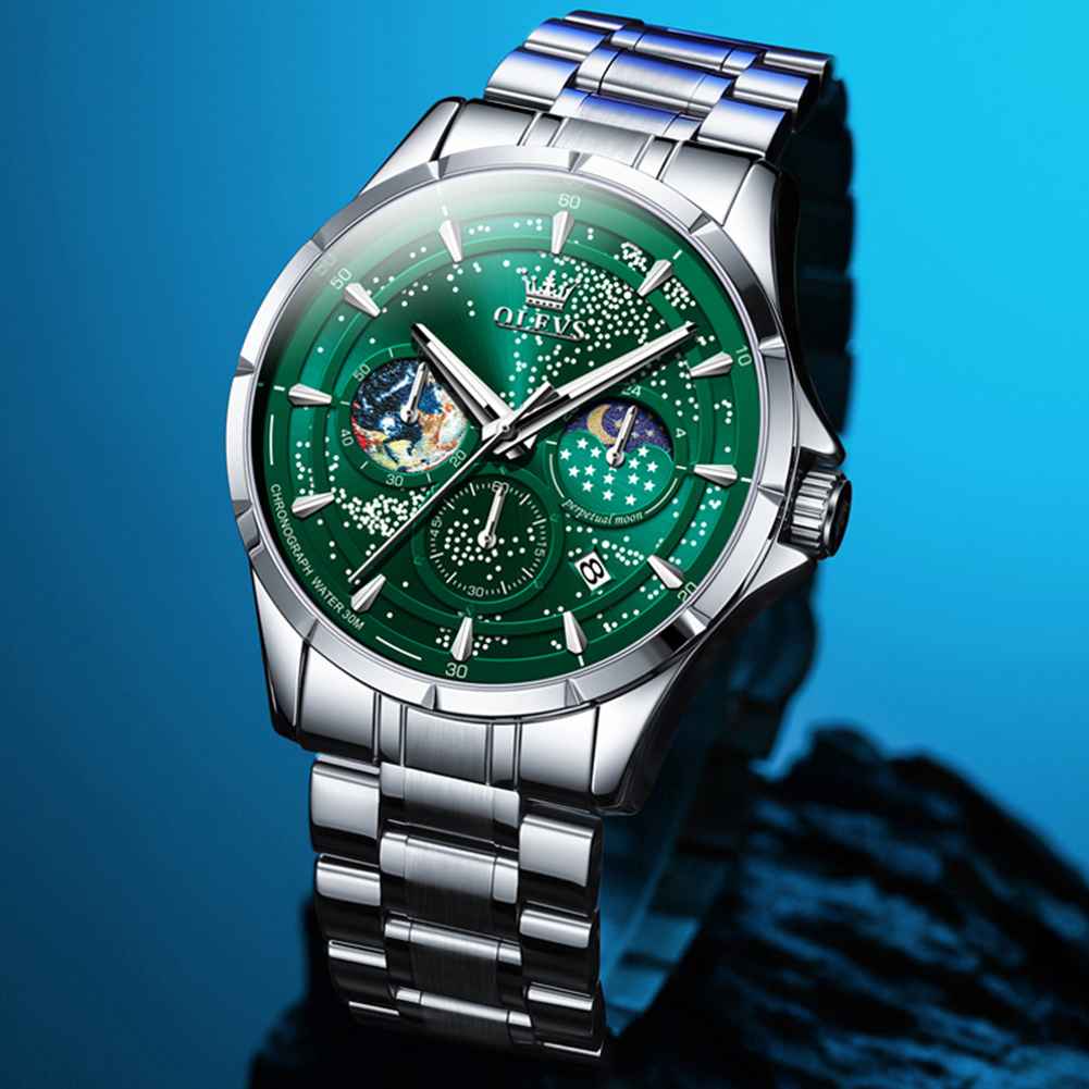 #Color_Silver Strap - Green Dial Silver Trim