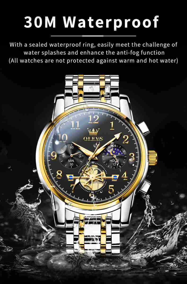 OLEVS 2900 Men's Quartz Watch With Numerals, 24-Hour And Moon Phase Sub-Dials, Chronograph, Perfect Gift