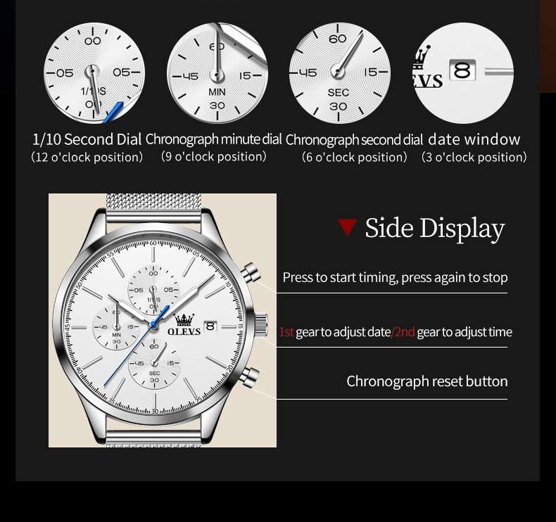 OLEVS 2881 Men's Fashion Chronograph Quartz Watch - Minimalist Design, Analog Display, Stainless Steel Mesh Strap, Waterproof