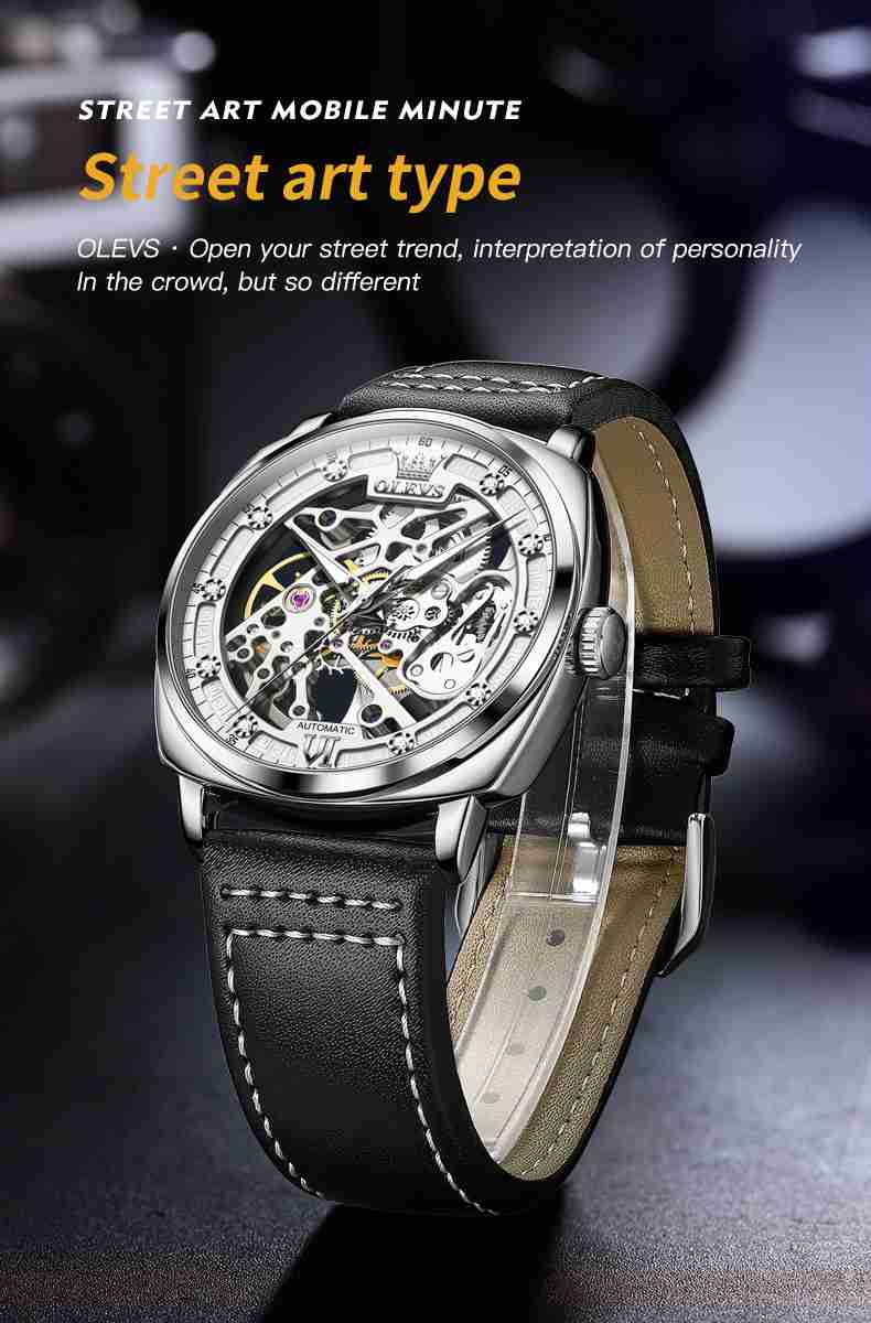 OLEVS 6651 Automatic Skeleton Men's Watches - Self-Winding Mechanics, Luxury Leather Strap, Steampunk Style, Luminous, Waterproof Wristwatches