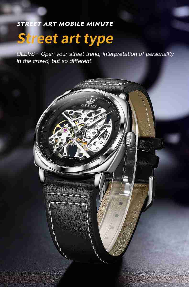 OLEVS 6651 Automatic Skeleton Men's Watches - Self-Winding Mechanics, Luxury Leather Strap, Steampunk Style, Luminous, Waterproof Wristwatches