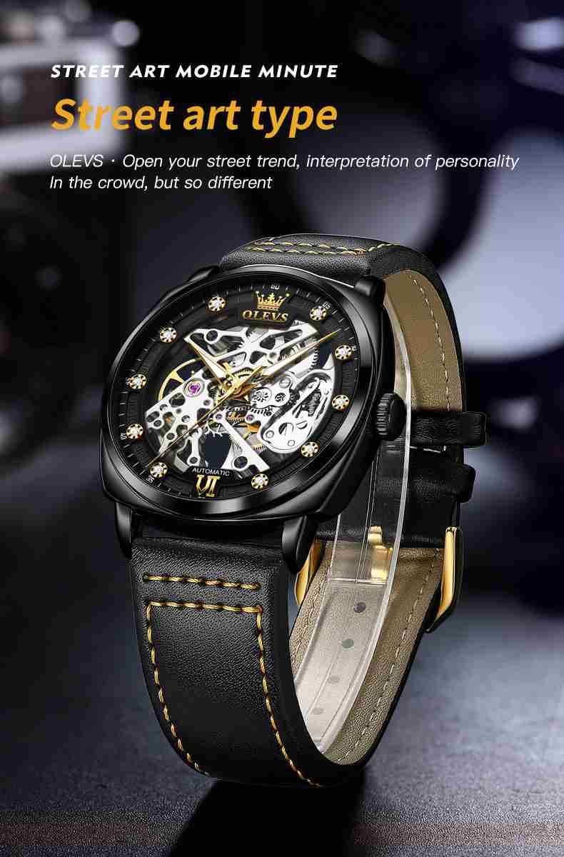 OLEVS 6651 Automatic Skeleton Men's Watches - Self-Winding Mechanics, Luxury Leather Strap, Steampunk Style, Luminous, Waterproof Wristwatches