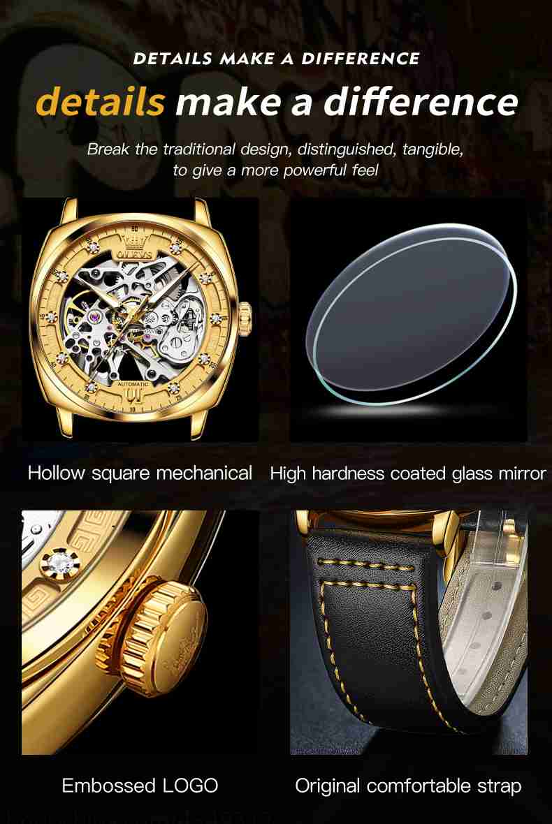 OLEVS 6651 Automatic Skeleton Men's Watches - Self-Winding Mechanics, Luxury Leather Strap, Steampunk Style, Luminous, Waterproof Wristwatches