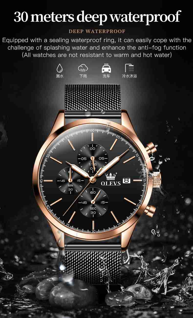 OLEVS 2881 Men's Fashion Chronograph Quartz Watch - Minimalist Design, Analog Display, Stainless Steel Mesh Strap, Waterproof