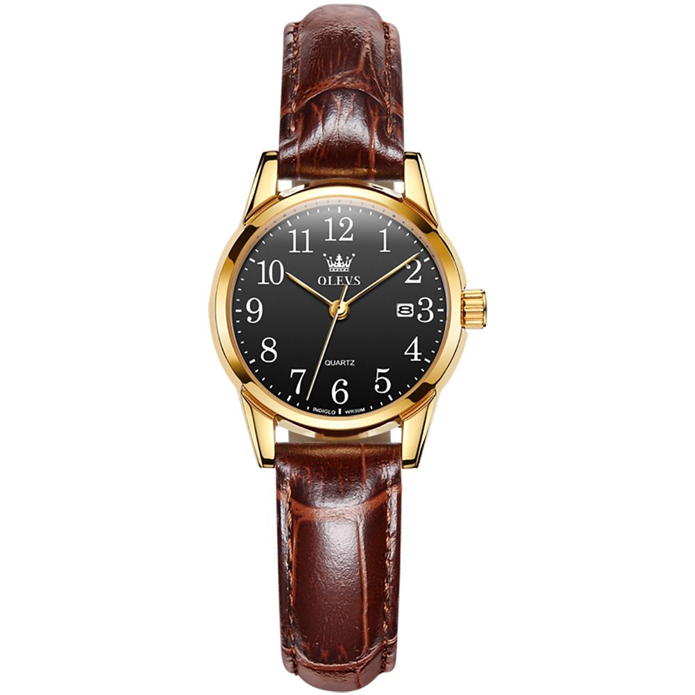 #Color_Brown Strap-Black Dial Gold Trim