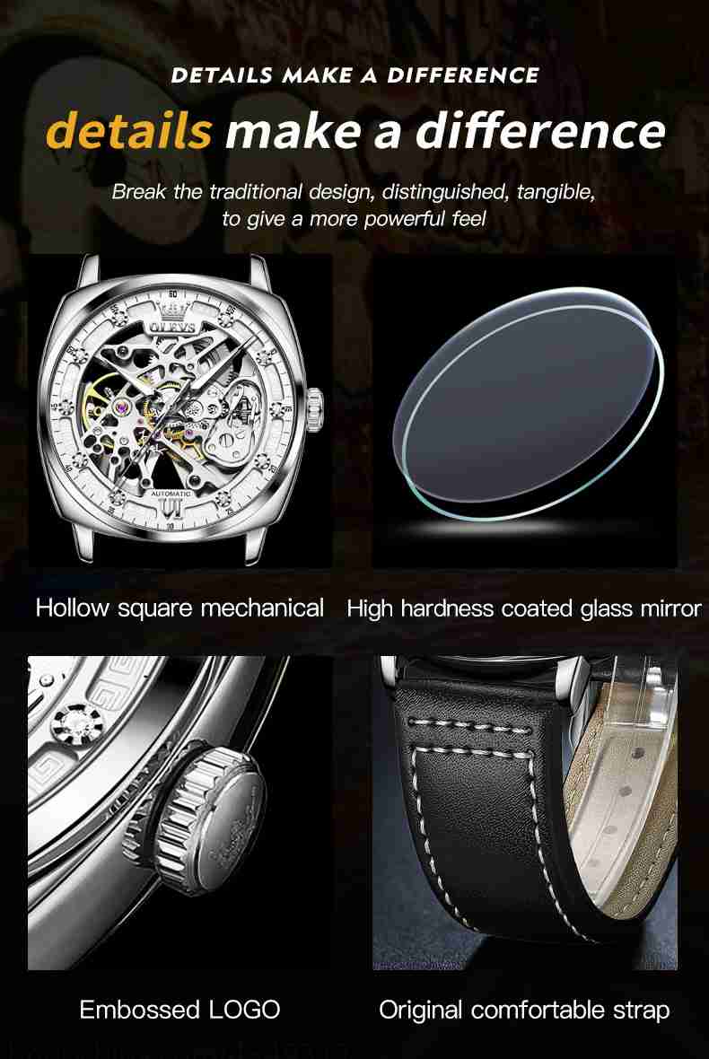 OLEVS 6651 Automatic Skeleton Men's Watches - Self-Winding Mechanics, Luxury Leather Strap, Steampunk Style, Luminous, Waterproof Wristwatches