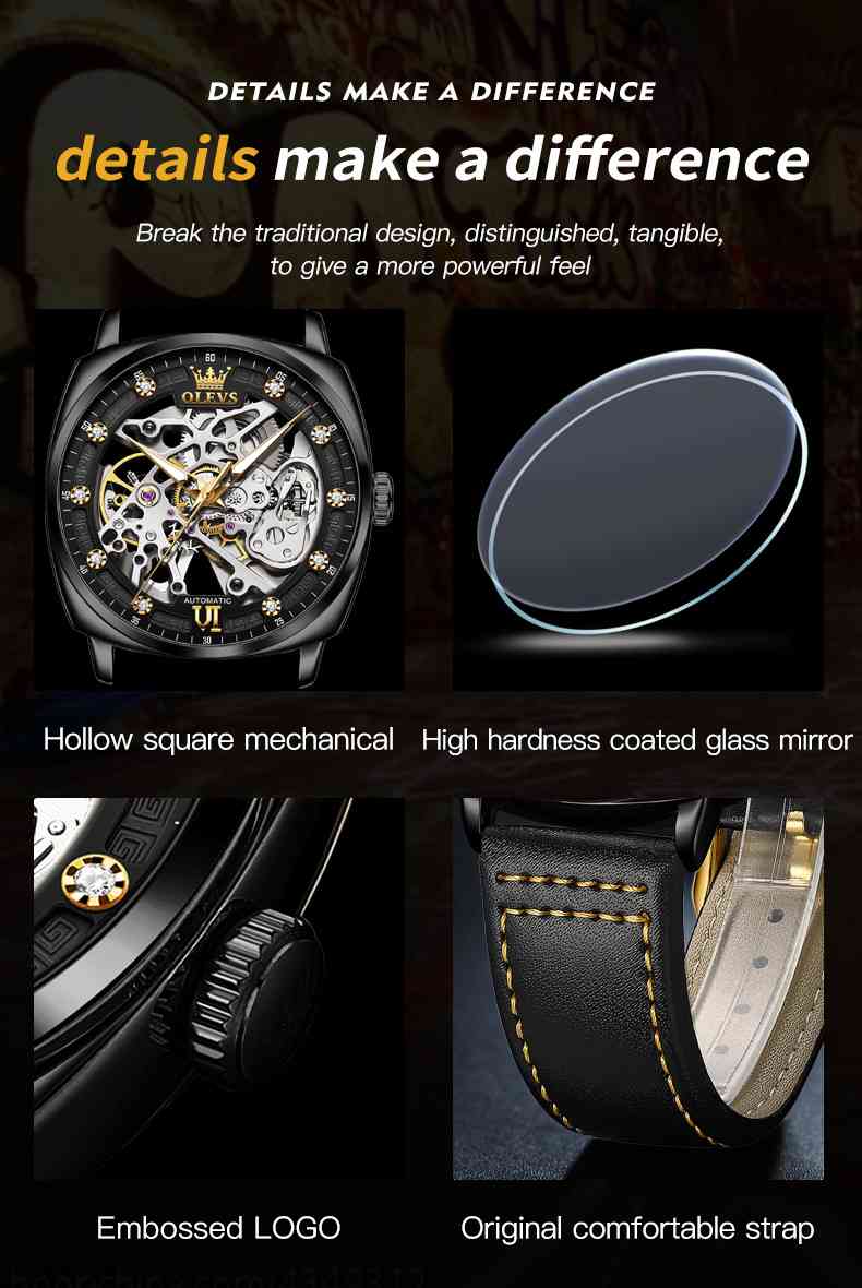 OLEVS 6651 Automatic Skeleton Men's Watches - Self-Winding Mechanics, Luxury Leather Strap, Steampunk Style, Luminous, Waterproof Wristwatches