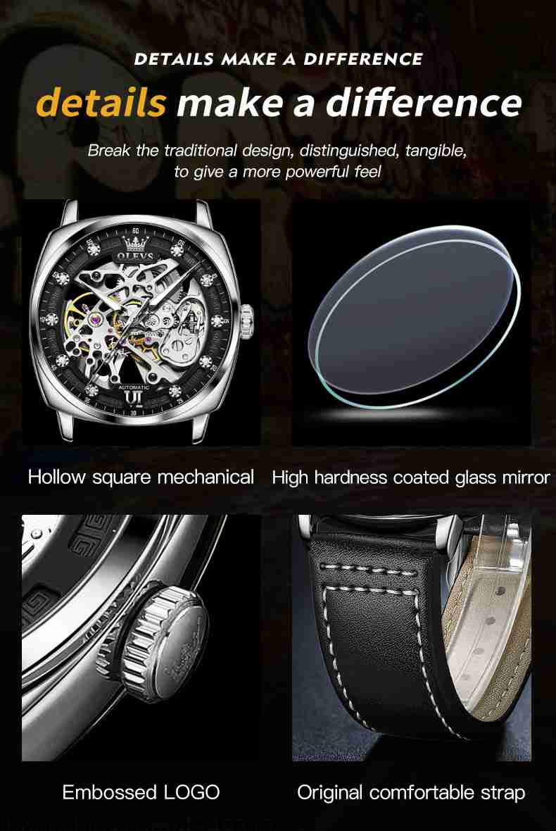 OLEVS 6651 Automatic Skeleton Men's Watches - Self-Winding Mechanics, Luxury Leather Strap, Steampunk Style, Luminous, Waterproof Wristwatches