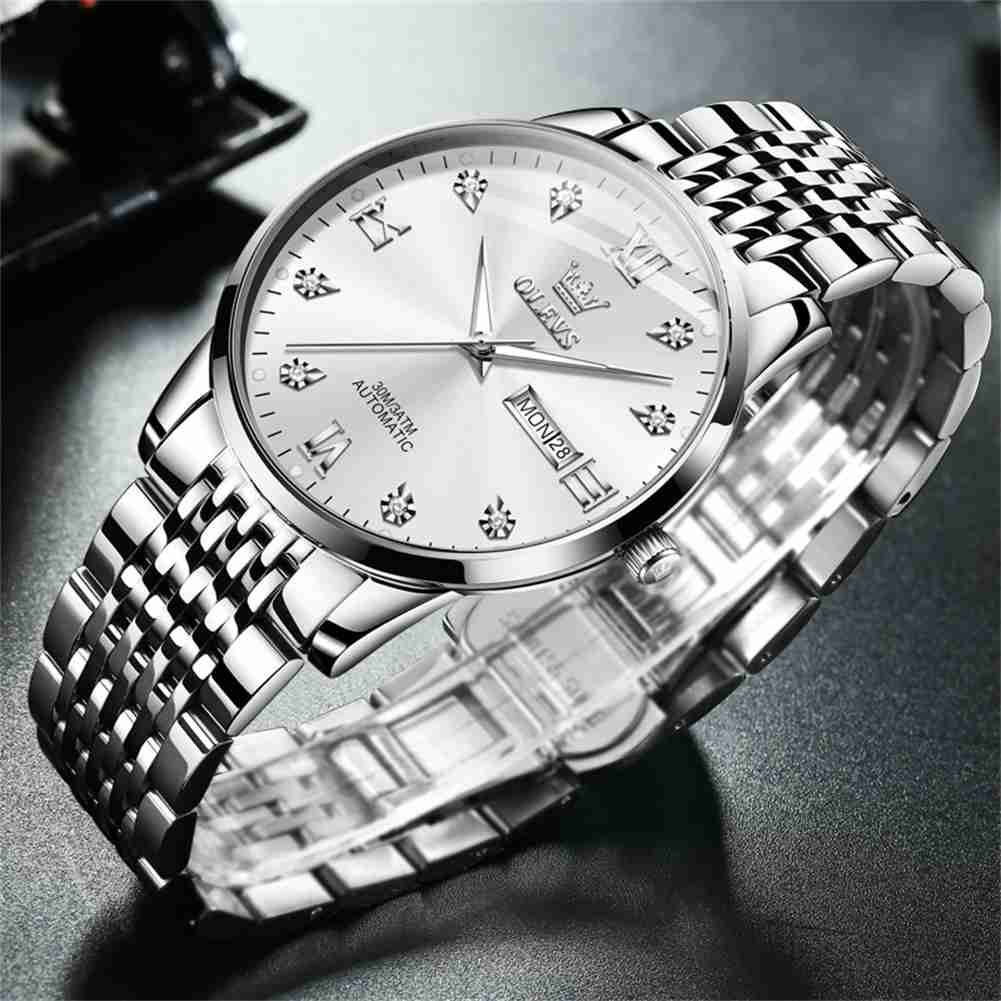 OLEVS 6673 Men's Mechanical Stainless Steel Watch With Diamond Face, Business Style