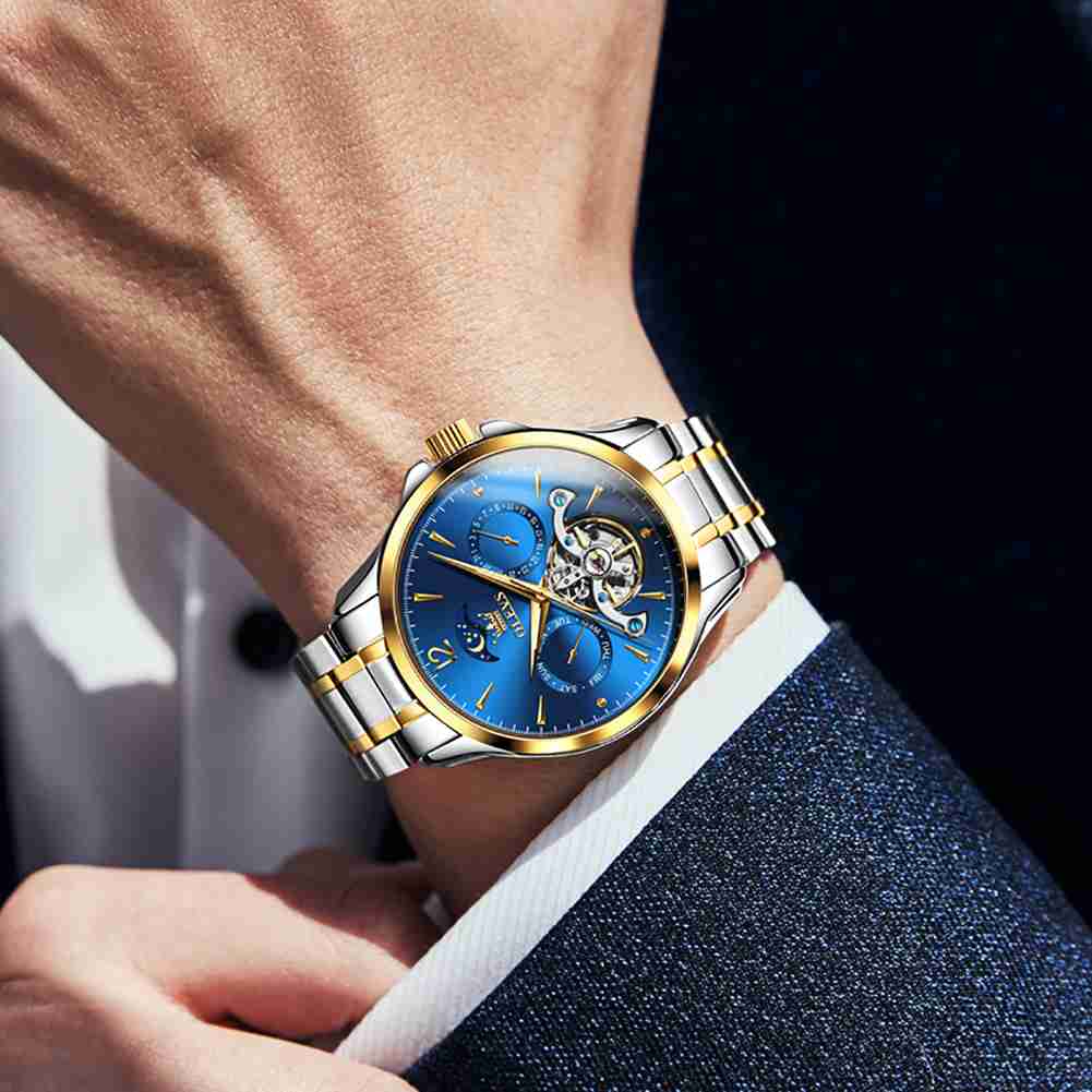 OLEVS 6663 Men's Mechanical Stainless Steel Watch With 3ATM Water Resistance, Moon Phase, Calendar, Weekday, Hollow Design Display