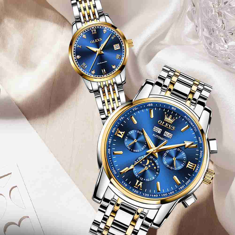 OLEVS 6633 6602 Couple's Watch Automatic Luxury Large Face Multi Calendar Stainless Steel Waterproof Luminous Men's Watch