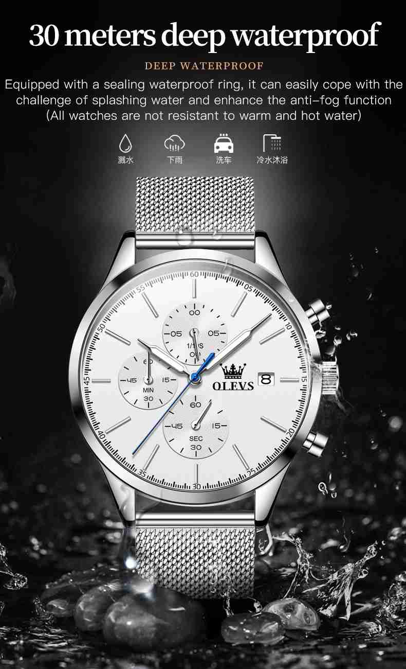 OLEVS 2881 Men's Fashion Chronograph Quartz Watch - Minimalist Design, Analog Display, Stainless Steel Mesh Strap, Waterproof