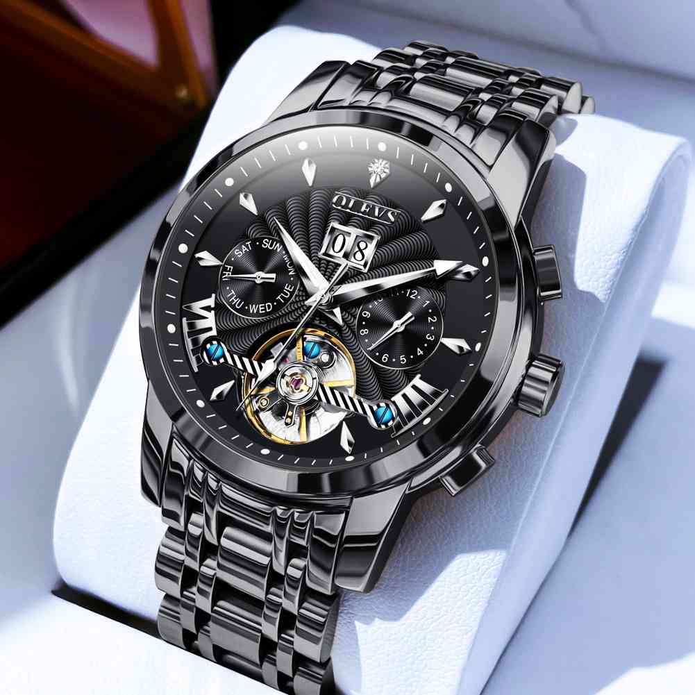 OLEVS 9965 Men's Automatic Skeleton Luxury Watch - Mechanical Timepiece With 5 Hands, Classic Calendar, Stainless Steel