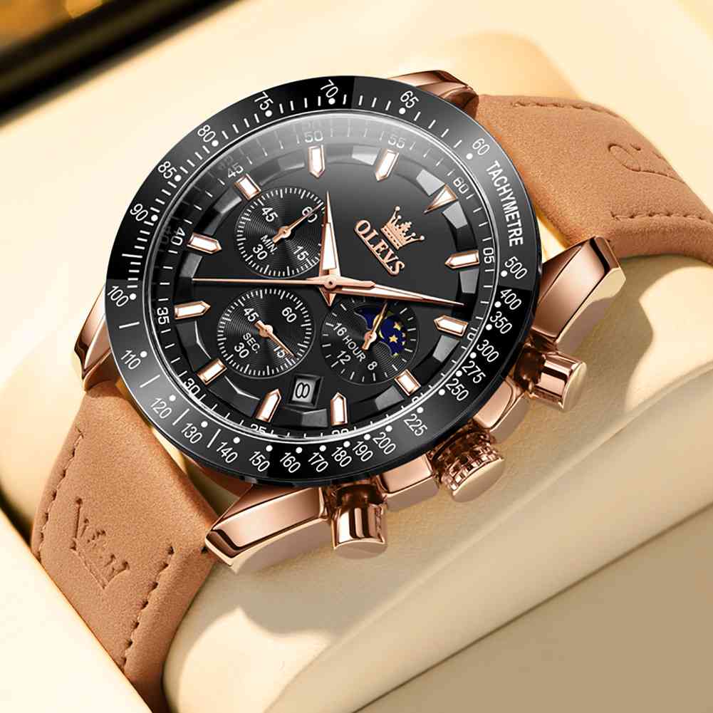 OLEVS 9957 Men's Chrono Sport Watch: Waterproof Military Style With Multifunction Quartz Movement, Luminous Calendar, Leather Strap